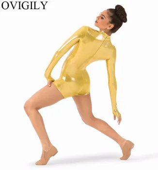 OVIGILY dorośli złoto z długim rękawem Shorty kombinezony kobiety metalowe układ szyi bikini baletowe stroje kąpielowe dla występy tańca odzież błyskawica