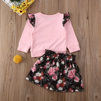 Odzież dla dziewczynek małych dzieci dziewczynek kwiatowy print koronki z długim rękawem bluzki bluza+ spódnica-paczka 2 szt.