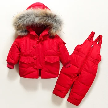 Odzież zimowa dla dzieci dla dziewczyn z kapturem ciepła kaczka dół kurtki żakiet + spodnie wodoodporny kombinezon odzież Dziecięca dla chłopców