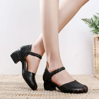 PEIPAH platforma skóra naturalna Damskie sandały matki hollow, małe buty dla kobiet etniczna osłona pięty slajdy obuwie