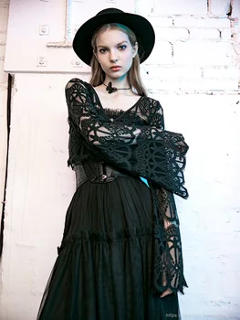 PUNK RAVE Girl's Flare Sleeved Zippered kwiatowe pełne koronki serek czarne szczyty gotyckie kobiety czarna krótka kurtka, dwie odzieży