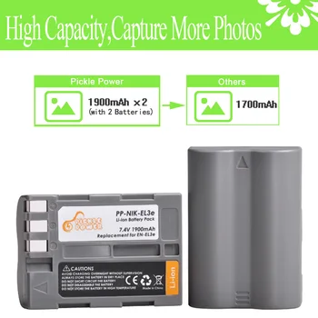 Pickle Power 1900mAh EN-EL3E, EN EL3e Battery + LED ładowarka do Nikon D50, D70, D70s, D80, D90, D100, D200, D300, D300S, D700