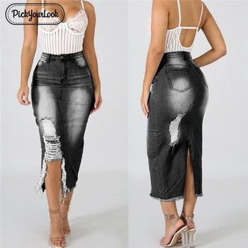 Pickyourlook plus rozmiar jeansowa spódnica dla kobiety wysokiej talii uszkodzenie dziura maxi spódnica dla kobiet rocznika obcisłe dżinsy Lady spódnica odzież uliczna