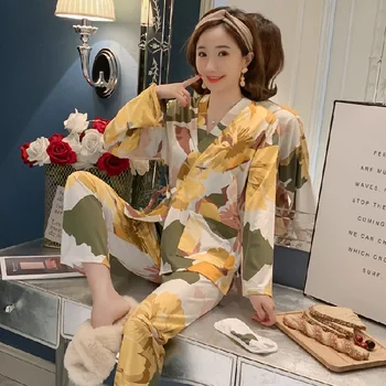 Piżama dla kobiet wiosna jesień mleko jedwab z długim rękawem koreański słodki i piękny japoński kimono zestaw domowej odzieży Pj zestawy dla kobiet