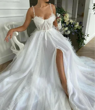 Plaża kropki suknie ślubne Sexy szpary Boho sukienka 2021 suknia Księżniczka suknie ślubne partii z paskami