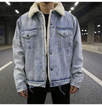 Podarte jeansowe kurtki płaszcze męskie casual zimowa ciepła gruba polarowa odzież baranka parki nowa hip-hop ulica kurtka i płaszcz