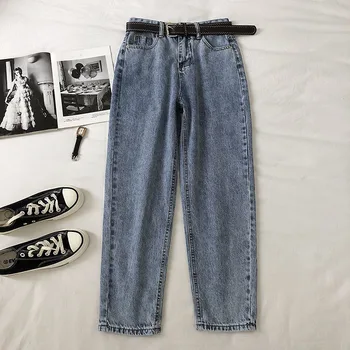 Proste spodnie jeans damskie wysokie Wasit Boyfriend Mom Jeans Mujer niebieski czarny vintage, eleganckie jeansowe spodnie jeans z paskiem 2020