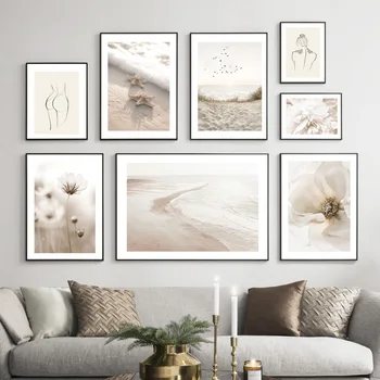 Ptaki Na Plaży Fala Morska Gwiazda Bloom Flower Wall Art Print Canvas Painting Line Nordic Poster Decor Pictures For Living Room