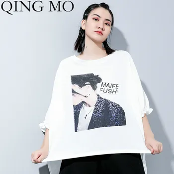 QING MO White Women Batwing Sleeve T Shirt 2020 Summer Women Character Printed T Shirt Female Irregular T Shirt ZQY4674
