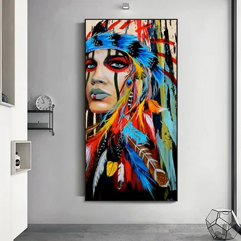 RELIABLI ART Feather Warrior Woman Girl Portrait Pictures Canvas Painting Wall Art For Living Room Modern Home Decoration