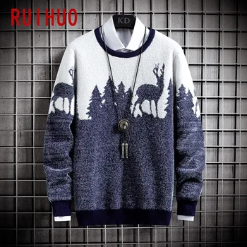 RUIHUO Deer Print męski sweter z dzianiny szczyty sweter odzież Męska Męskie swetry 2020 jesień zima nowa dostawa M-2XL