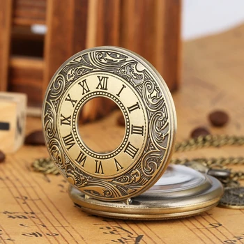 Retro Brązowy grawerowanie rzymska kwarcowy zegarek kieszonkowy puste Zabytkowe naszyjniki łańcucha prezenty dla mężczyzn kobiet zegarki zegarki akcesoria