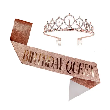 Różowe złoto urodziny królowej/dziewczyna satynowy pas z kryształowej koroną dla dzieci dekoracje na urodziny dorosłych 30 40 50 Urodziny dostawy