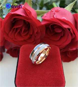 Różowe złoto wolframu pierścionek Mężczyźni Kobiety pierścień z czarnym włóknem węglowym i jasne метеоритной wkładką 8 mm wygodne dopasowanie