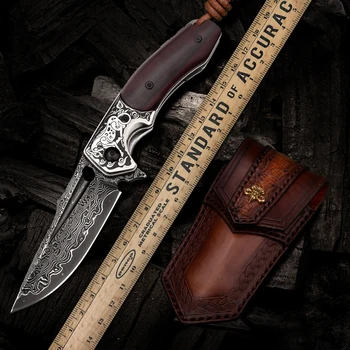 Ręcznie składany nóż Adamaszek nierdzewna ostrze drewniany uchwyt EDC samoobrona kemping polowanie taktyczne scyzoryki z ножнами