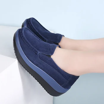 STQ 2020 jesienne, Damskie buty na płaskiej platformie skórzane zamszowe mokasyny damskie Niebieskie codzienne Оксфордская buty Slip On Flats 3213