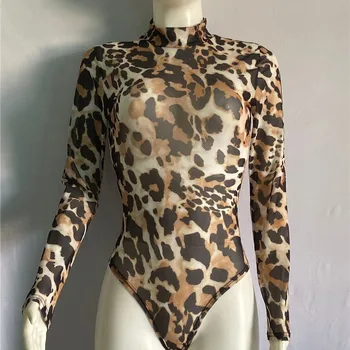 Sheer Mesh Leopard Women Romper top Bodycon Club kombinezon body z długim rękawem perspektywa chudy ogólny wysoki dekolt stroje 2020