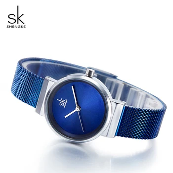 Shengke Luxury Stainless Steel Blue Watch Women Fashion kwarcowy zegarek Reloj Mujer 2018 SK damskie zegarek prezent Świąteczny K0083