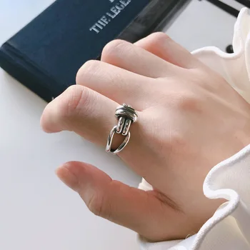 Silvology Line Tie Weave pierścienie dla kobiet 925 srebro rocznika projekt przemysłowy styl grube koreańskie pierścienie nowe eleganckie biżuteria