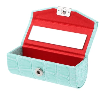 Skórzany futerał do szminki uchwyt na pudełko do przechowywania z lustrem do portfela jasno-niebieski