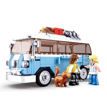 Sluban B0707 Fit City Series Speed Blue T1 Van Minibus Bus Set Cat Mini Figure Educational Building Blocks Toy for Children Gift