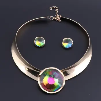 Srebro złocone zestawy biżuterii dla kobiet okrągły Kryształ ślub naszyjnik kolczyki zestaw tureckich biżuteria dla partii moda 2020