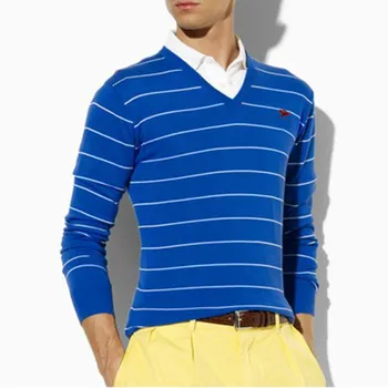 Sweter V-neck w paski sweter męski Polo logo wiosna jesień czysta bawełna ciepły sweter odzież ciągnąć homme hiver man hombres sweter