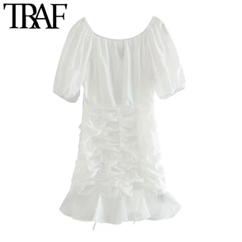 TRAF Women Chic Fashion Lace-up plisowane falbanki mini sukienka Vintage kwadratowy kołnierz z krótkim rękawem sukienki damskie Vestidos