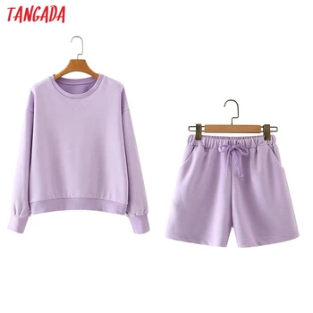 Tangada 2020 jesień kobiety fioletowy bluza garnitur damskie zestawy szorty zestaw garnitur 2-częściowy zestaw słodki top i szorty 5X7