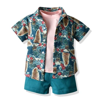 Top i top małych chłopców strój kwiat kokosowy wzór koszula z krótkim rękawem+t-shirt+spodnie 3 szt. stroje odzież Dziecięca