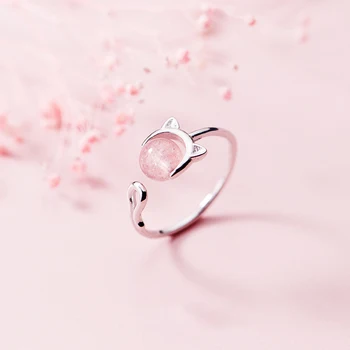 Trustdavis srebra próby 925 moda kot truskawka różowy Kryształ Otwarcie palec pierścień dla kobiet poprawiny Świąteczny prezent DS977