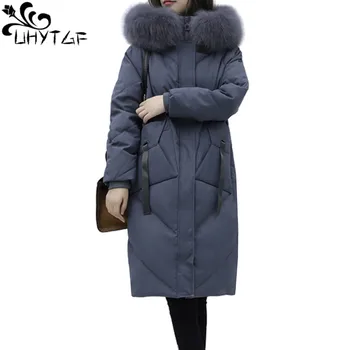 UHYTGF plus rozmiar kołdry wykonane bawełniane płaszcze damskie długa, bawełniana parku nowe koreańskie zagęszczony kobiecy płaszcz zimowy damska ciepła kurtka z kapturem X744
