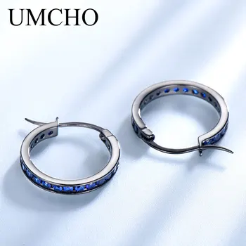 UMCHO Solid Real 925 Sterling Silver Jewelry Gemstone Blue Created Nano Sapphire Clip kolczyki dla kobiet wykwintne kolczyki