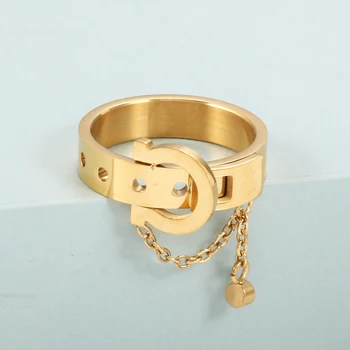 Urządzony W Luksusowym Kryształ Okrągły Pusty Pas Z Łańcuchem Pierścień Złoty Kolor Stal Nierdzewna Sworzeń Pierścienie Dla Kobiet, Mężczyzn Biżuteria Prezenty Ślubne