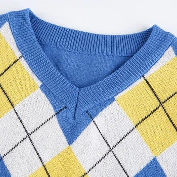 Vintage Argyle plaid Y2k Koszulka damska moda sweter z dzianiny Mike 90-tych dzianina jesień podstawowe trójniki