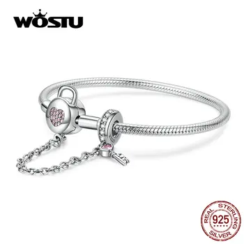 WOSTU 925 srebro serce Klucz bezpieczeństwa łańcucha bransoletki różowy Cyrkon bransoletka dla kobiet 925 srebro biżuteria FIB143