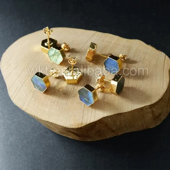 WT-E156 piękne modne kolczyki błyszczące naturalny labradoryt mix kolor Stud kamień złoto stream sprzedaż Hurtowa biżuterii kolczyki