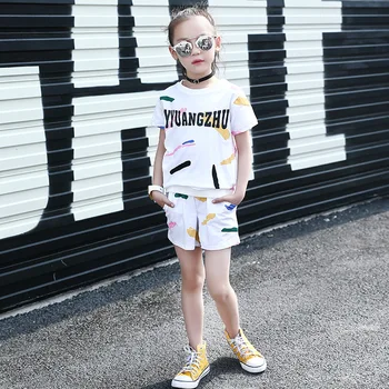 Weixu dres dla dziewczyn letnie dzieci graffiti koszulka spodenki 2 szt. komplet ubranie dzieci w strój sportowy odzież dla dziewczynek 10 lat