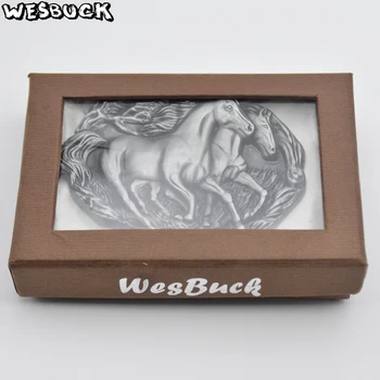 WesBuck Brand Retail Mens ' Two Running Horse kowbojski metalowe klamry paska, Srebrna owalna klamra paska z paskiem PU