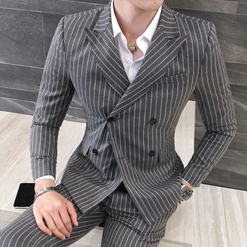 Wybuchowy garnitur 2020 jesień - zima moda męska w paski mały kostium strój ślubny garnitur marynarka + spodnie dwurzędowy 250