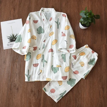 XIFER Japoński styl mężczyźni i kobiety wiosna i jesień szyfrowanie czystej bawełny piżama XL марлевое kimono para odzież domowa