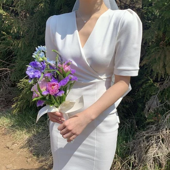 YAMDI vintage elegant 2020 new summer a-line z krótkim rękawem midi dress women party korean dresses woman solid white v neck vestido
