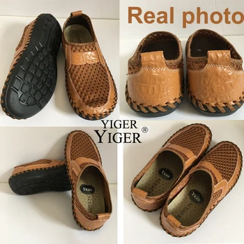YIGER New Men Shoes Net skóra naturalna lata dorywczo męskie sandały męskie mokasyny buty leniwy styl oddychająca duże rozmiary 38-48 0060