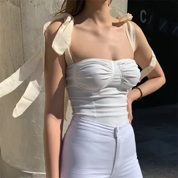 Yuqung 2020 bez rękawów tank top Koszulki kobiety koronki pas plisowana mini crop top partia kobiet krótki top t-shirt biały meble