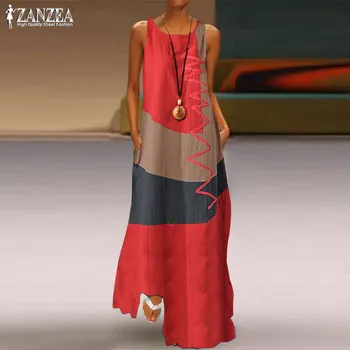 ZANZEA 2021 Vintage Maxi Dress Color Stitching damski letni sukienkę codzienny bez rękawów tank Vestidos O damski w serek Robe Femme