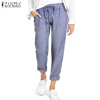 ZANZEA plus rozmiar pasiaste spodnie modne spodnie damskie jesień elastyczny pas bawełna pościel панталон rzepa codzienny harem Palazzo