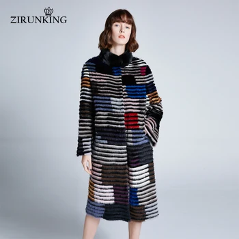 ZIRUNKING New 2020 Women Real Mink Fur Coat Lady stripe sewed Colorful Female Long Fashion Highquality For Autumn Warm ZC1902