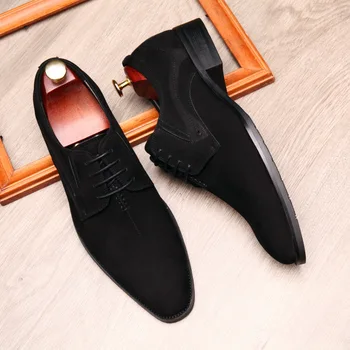 Zamszowe męskie skórzane buty z naturalnej skóry оксфордские buty męskie moda buty brązowe, czarne buty sznurowane ślubne biurowe formalne buty męskie