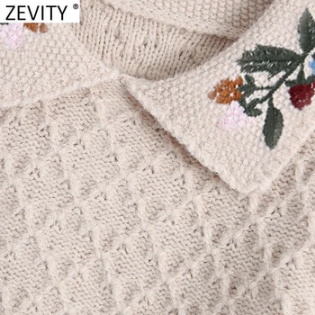 Zevity New Women Vintage Haft Skręcić W Dół Kołnierz Casual Krótka Wiązka Sweter Panie Przekładany Rękaw Modne Swetry Topy S519