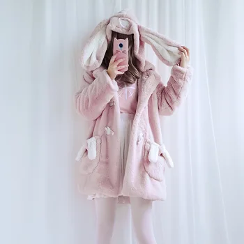 Zimowa кавайная odzież różowy Lolita kurtki królicze uszy zagęścić pluszowe кавайные płaszcz łape gotycki Lolicie płaszcz loli cos 2020